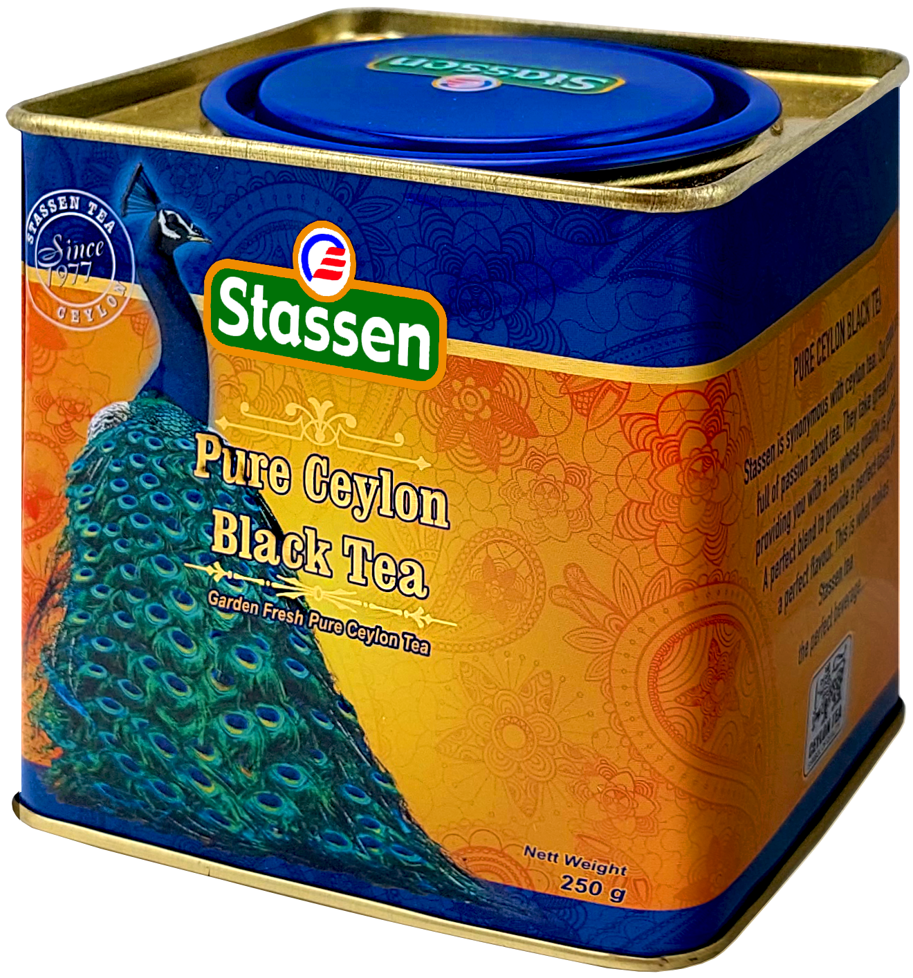 Perspektywiczny widok puszki Stassen Pure Ceylon Black Tea, ekskluzywna herbata w metalowej puszce.