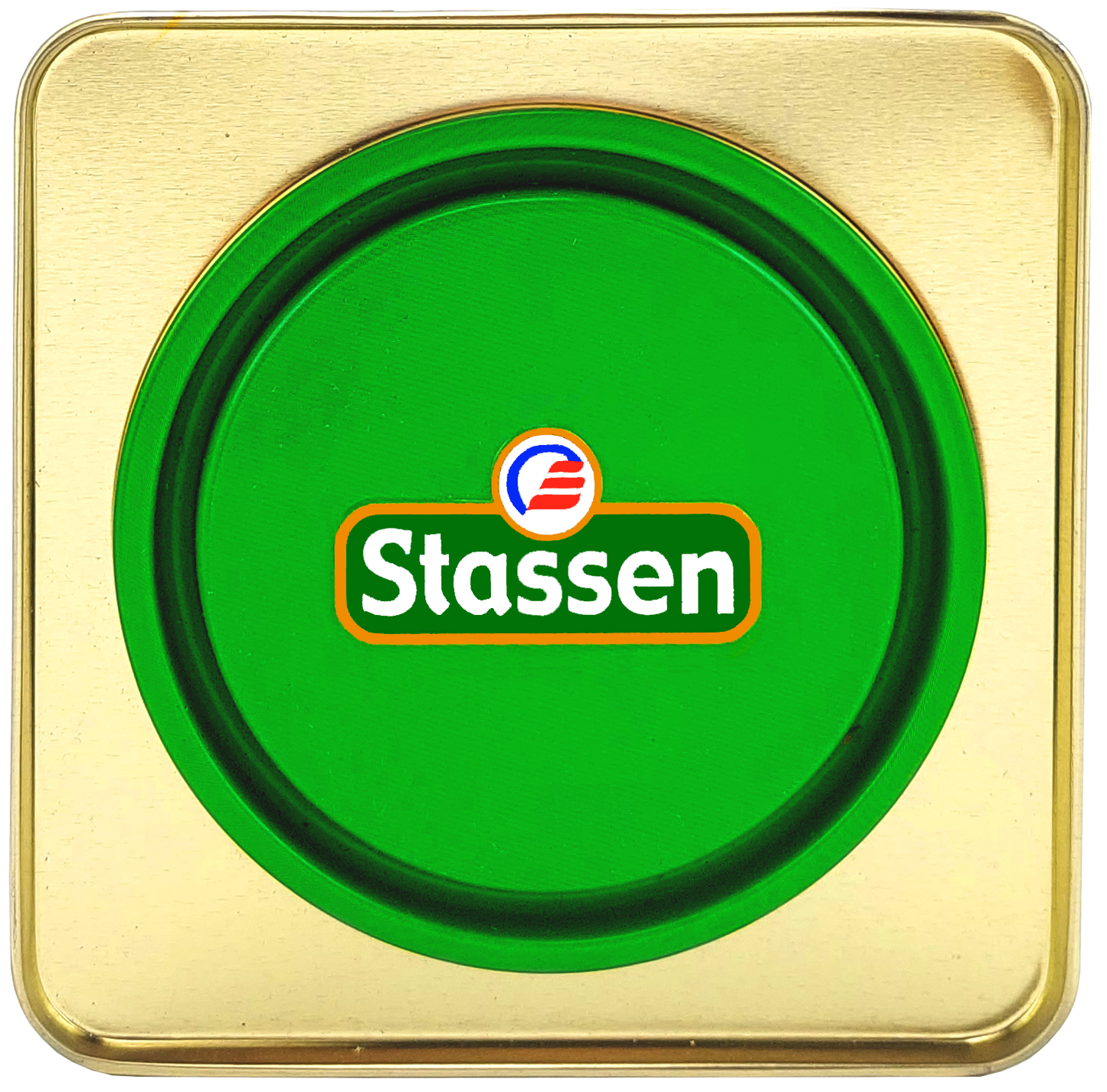 Zielona pokrywka puszki Stassen, logo producenta, klasyczny design.