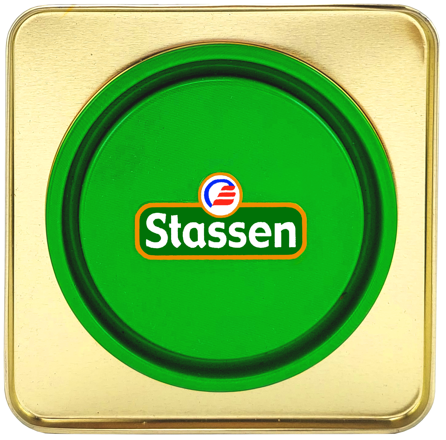 Zielona pokrywka puszki Stassen, logo producenta, klasyczny design.