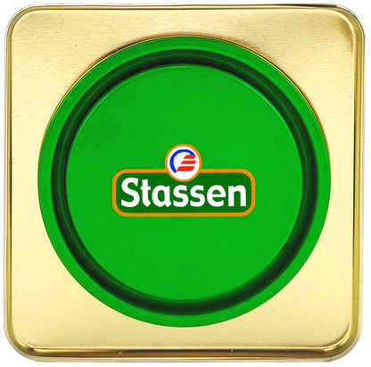 Zielona pokrywka puszki Stassen, logo producenta, klasyczny design.