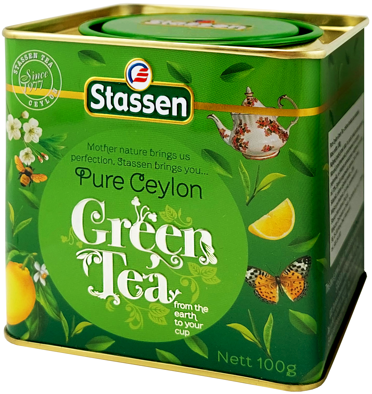 Bok puszki Stassen Pure Ceylon Green Tea, motywy roślinne i cytrusowe.