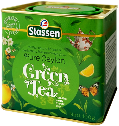 Bok puszki Stassen Pure Ceylon Green Tea, motywy roślinne i cytrusowe.