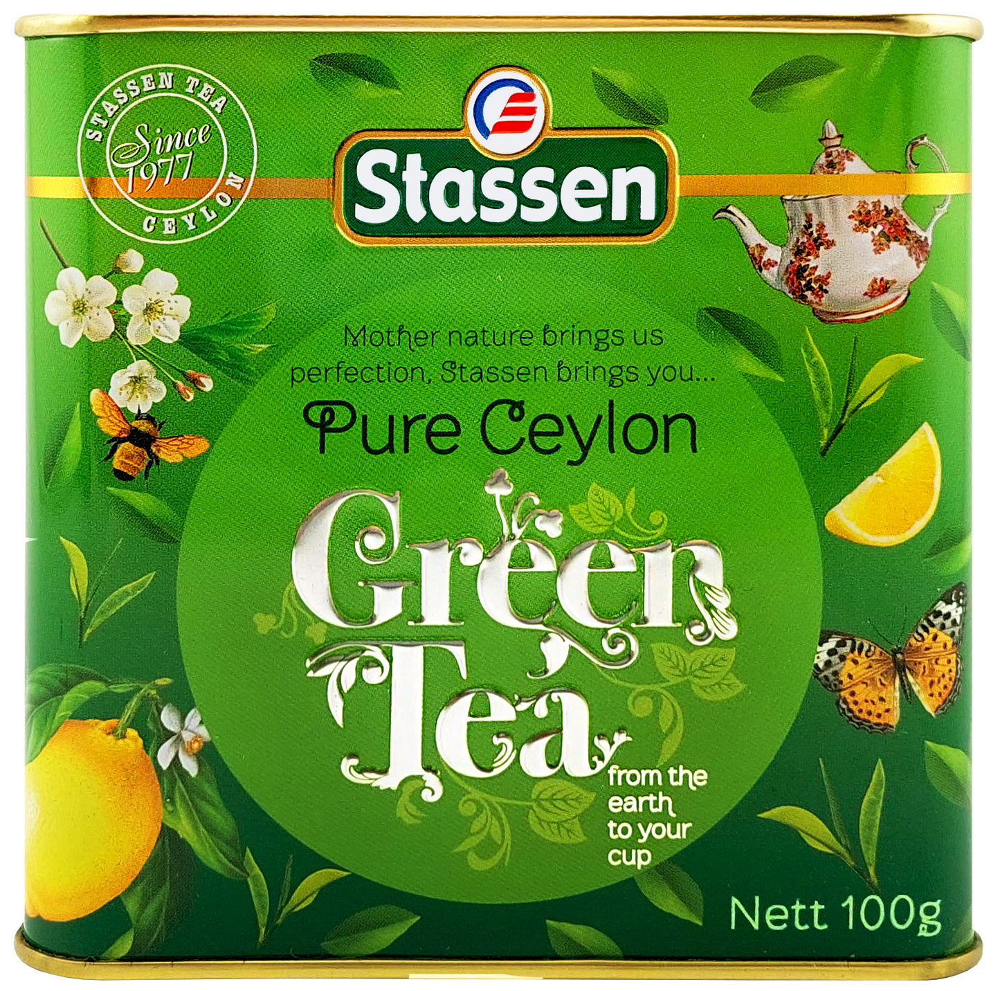 Front puszki Stassen Green Tea, motyw cytryny i motyla, zielona herbata z Cejlonu.