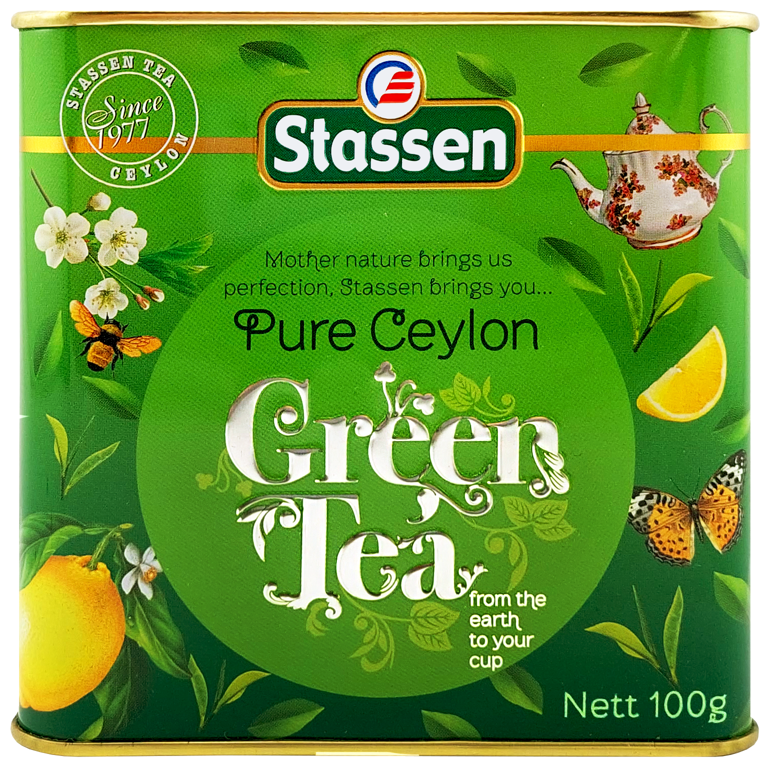 Front puszki Stassen Green Tea, motyw cytryny i motyla, zielona herbata z Cejlonu.