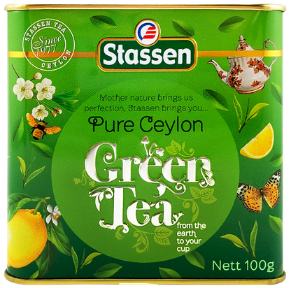 Front puszki Stassen Green Tea, motyw cytryny i motyla, zielona herbata z Cejlonu.