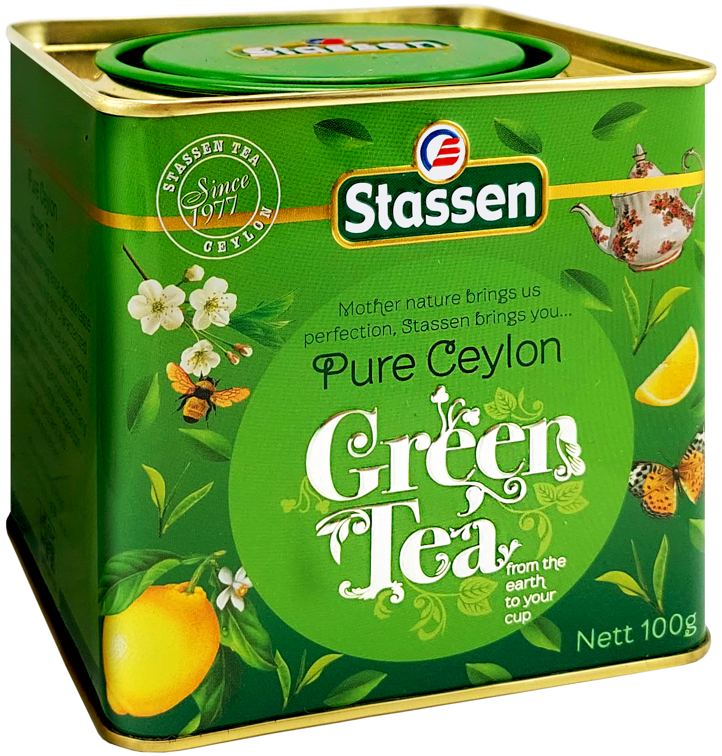 Perspektywiczny widok puszki Stassen Green Tea, elegancka zielono-złota oprawa.