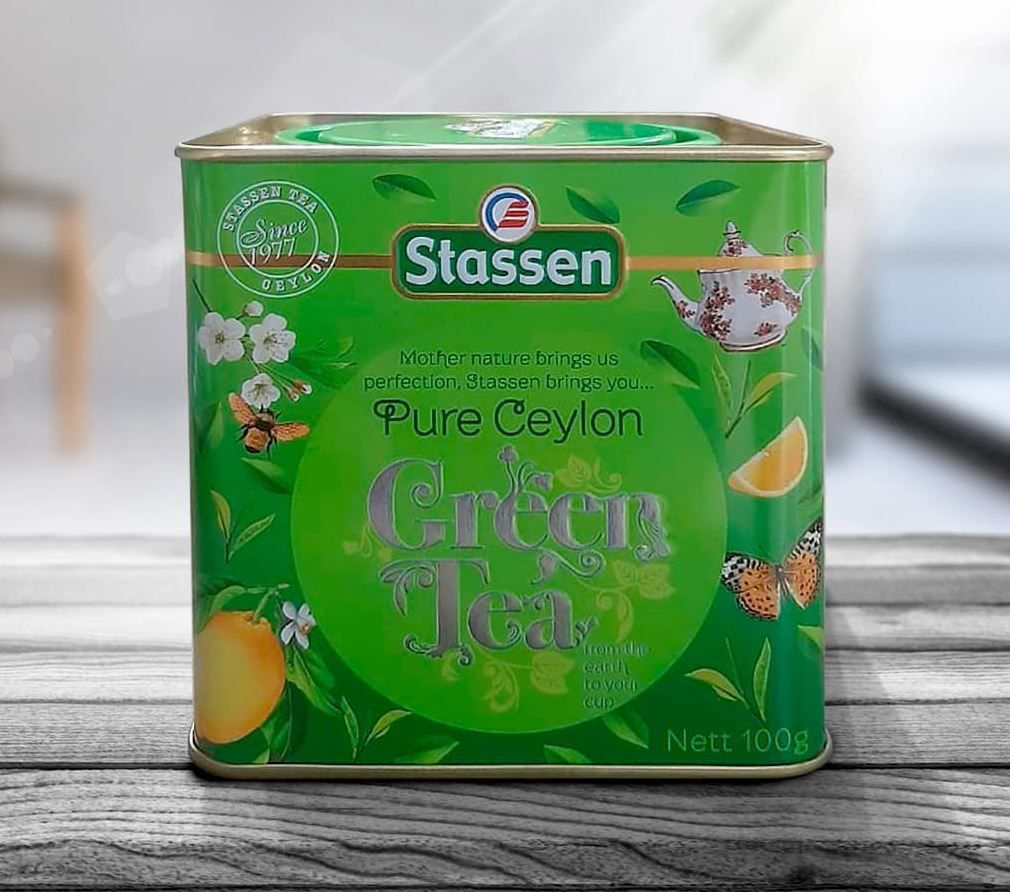 Puszka zielonej herbaty Stassen Pure Ceylon Green Tea 100 g, eleganckie opakowanie.
