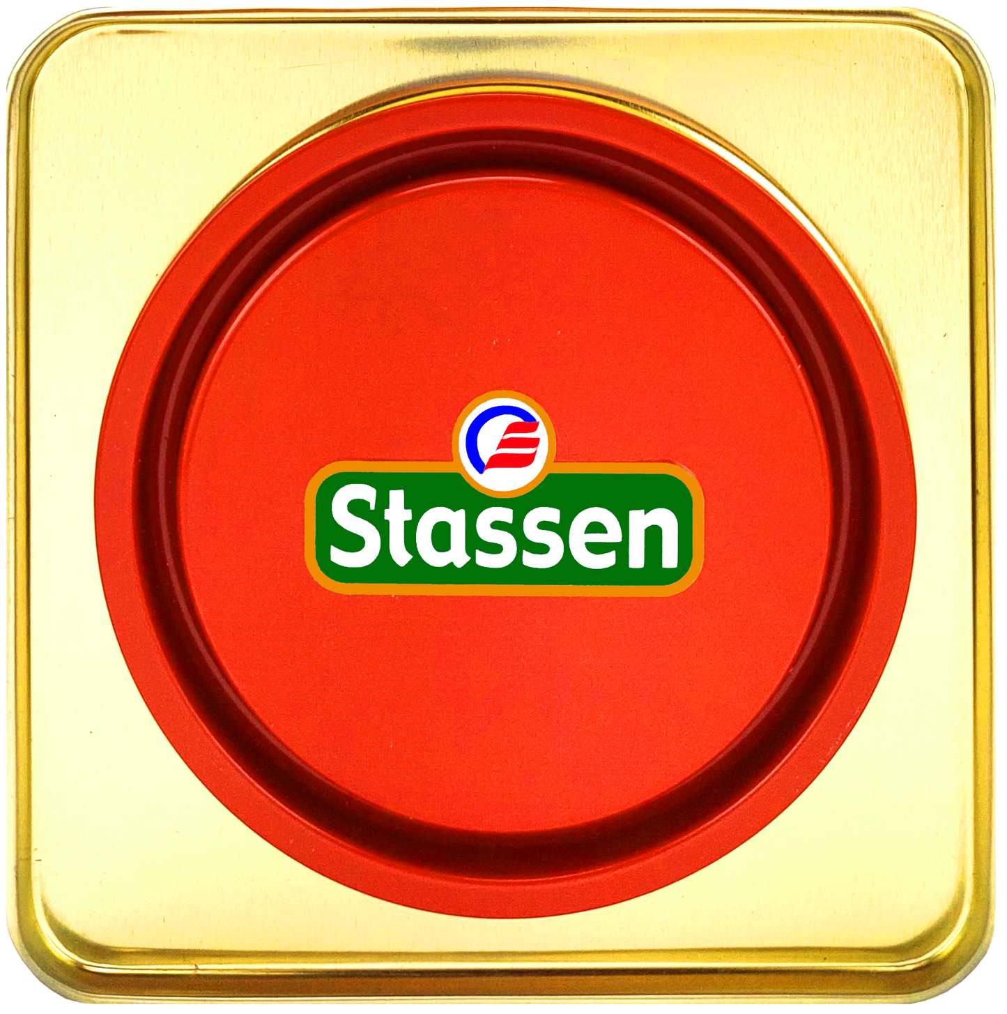 Czerwona pokrywka puszki Stassen, eleganckie złote wykończenie.