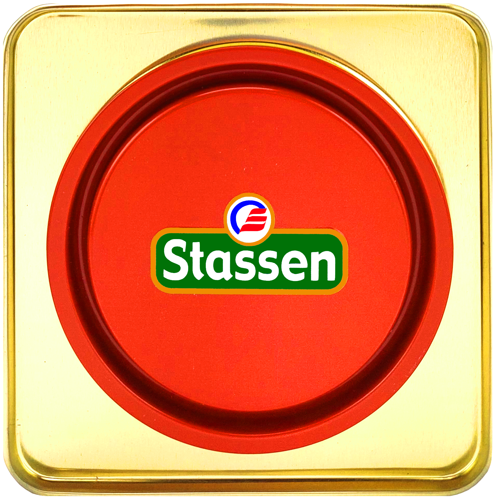 Czerwona pokrywka puszki Stassen, eleganckie złote wykończenie.