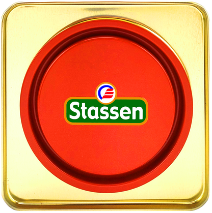 Czerwona pokrywka puszki Stassen, eleganckie złote wykończenie.