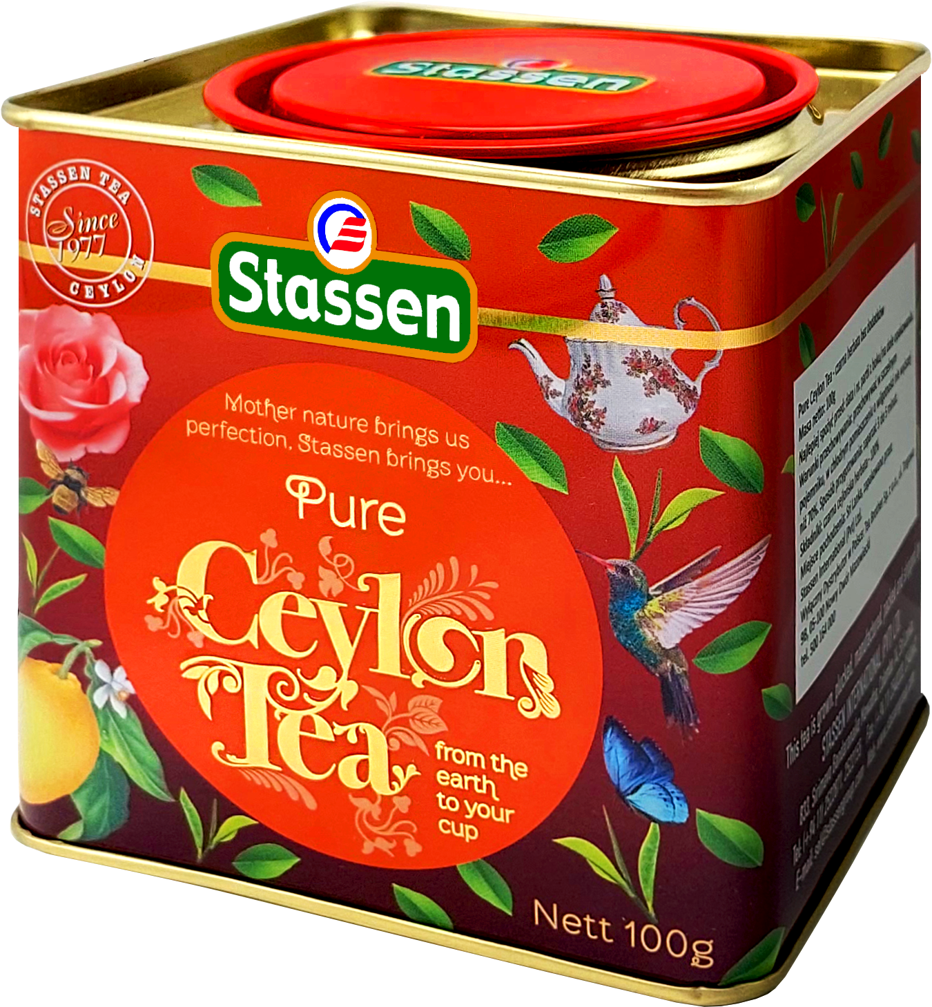Bok puszki Stassen Pure Ceylon Tea z motywem róż i cytrusów.