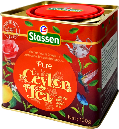 Bok puszki Stassen Pure Ceylon Tea z motywem róż i cytrusów.