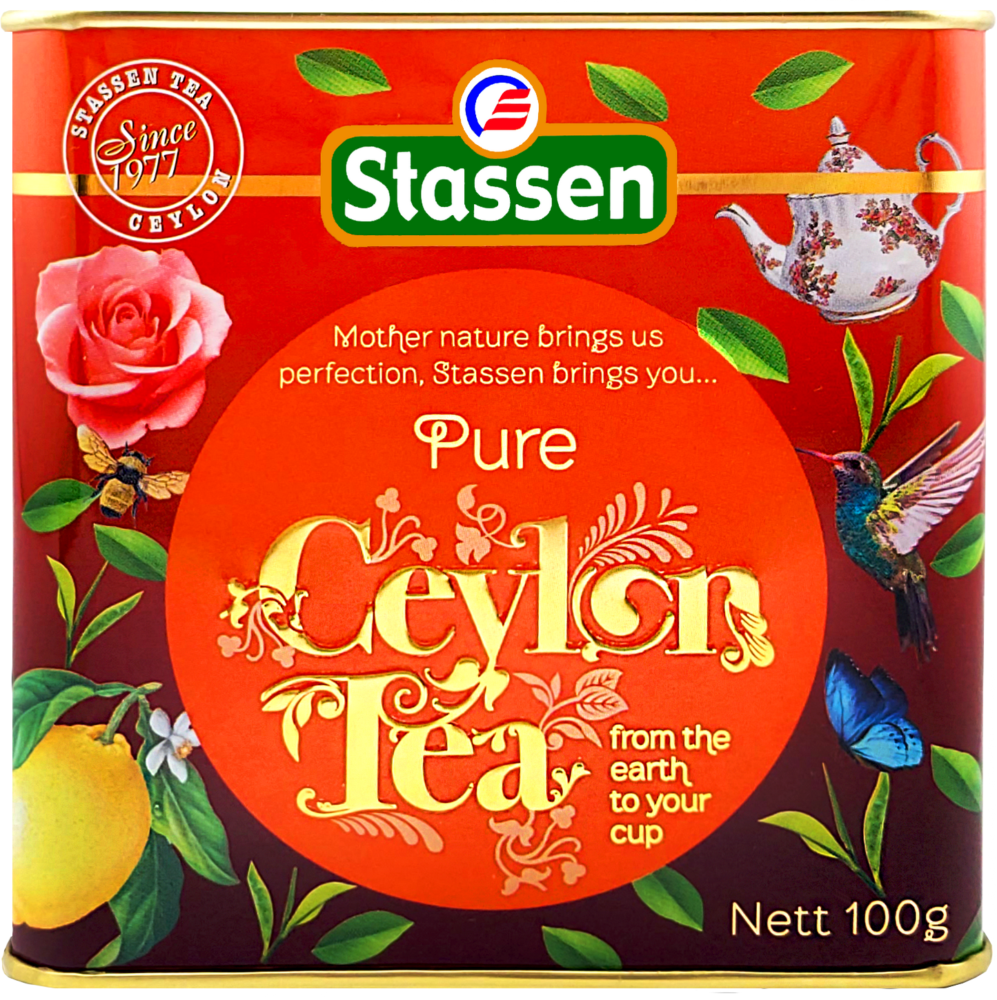 Front puszki Stassen Pure Ceylon Tea z napisem „from the earth to your cup”.