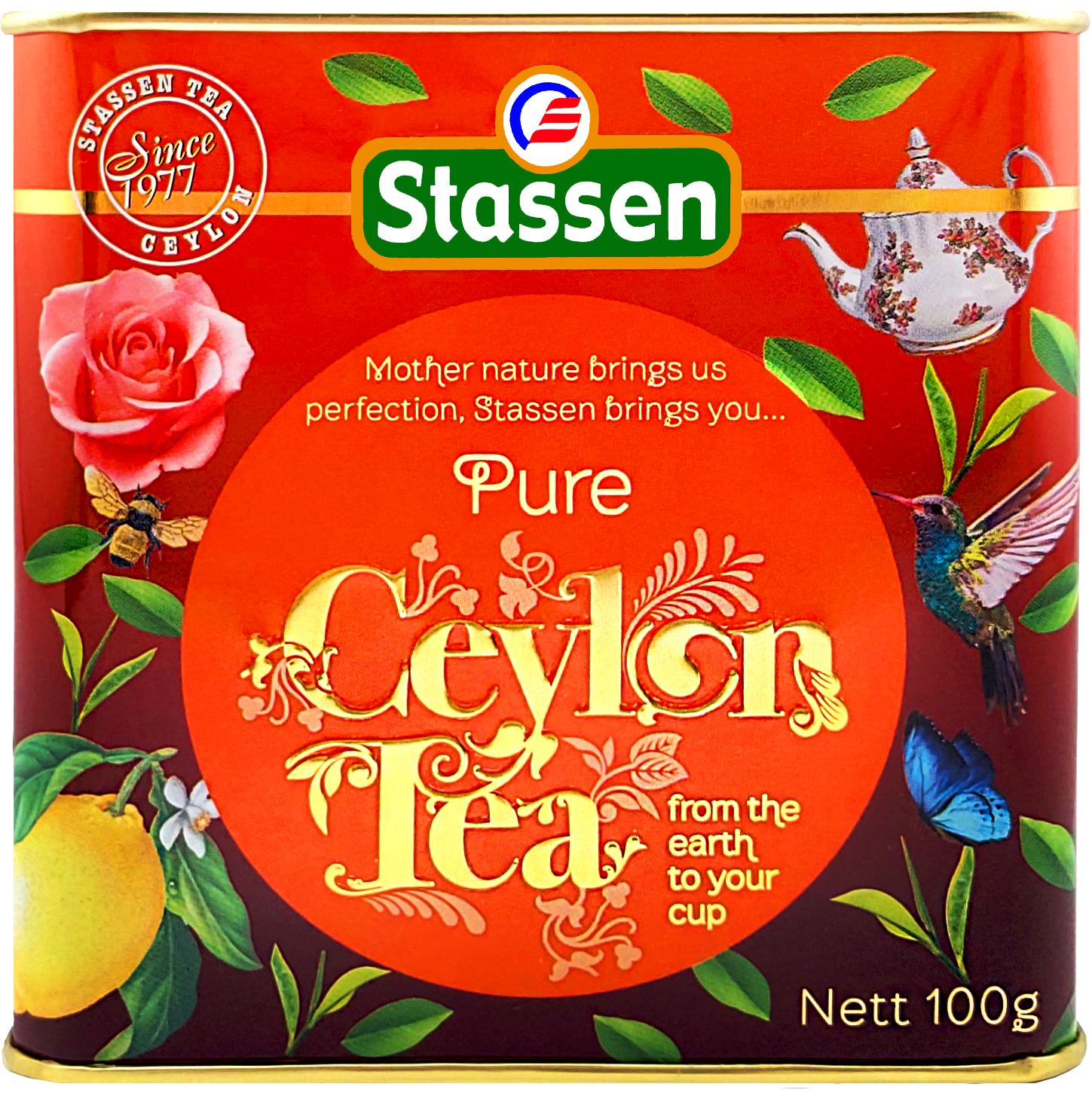 Front puszki Stassen Pure Ceylon Tea z napisem „from the earth to your cup”.