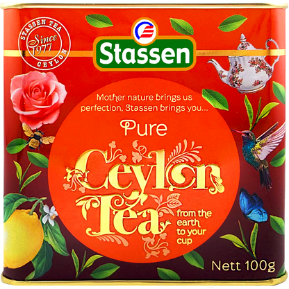 Front puszki Stassen Pure Ceylon Tea z napisem „from the earth to your cup”.