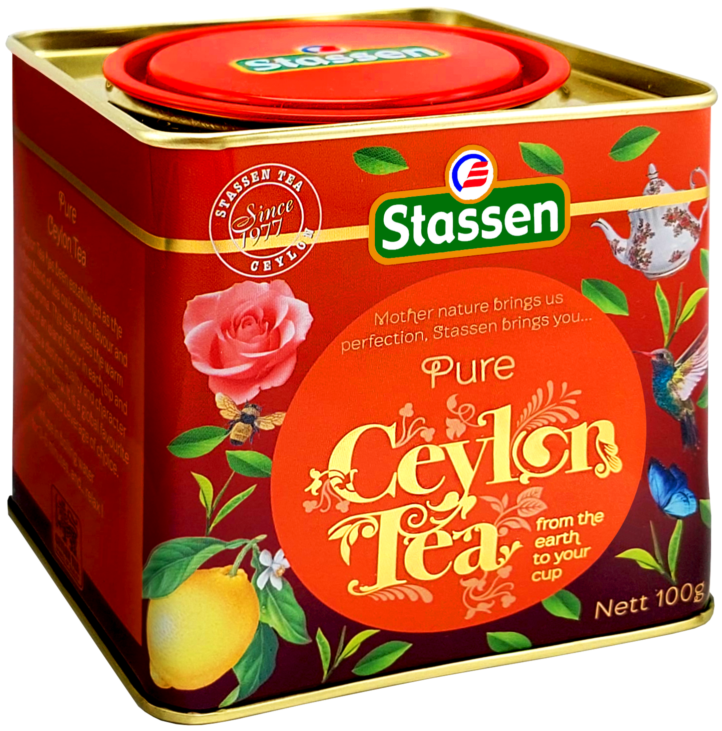 Perspektywiczny widok puszki Stassen Pure Ceylon Tea, klasyczna herbata w metalowym opakowaniu.