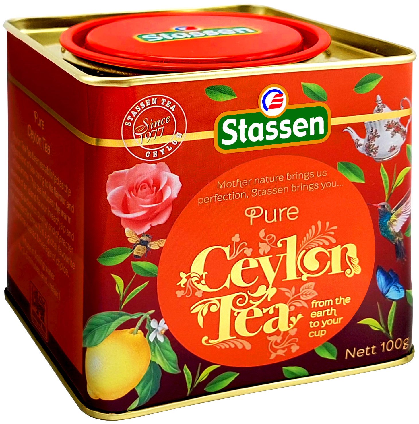 Perspektywiczny widok puszki Stassen Pure Ceylon Tea, klasyczna herbata w metalowym opakowaniu.