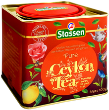 Perspektywiczny widok puszki Stassen Pure Ceylon Tea, klasyczna herbata w metalowym opakowaniu.
