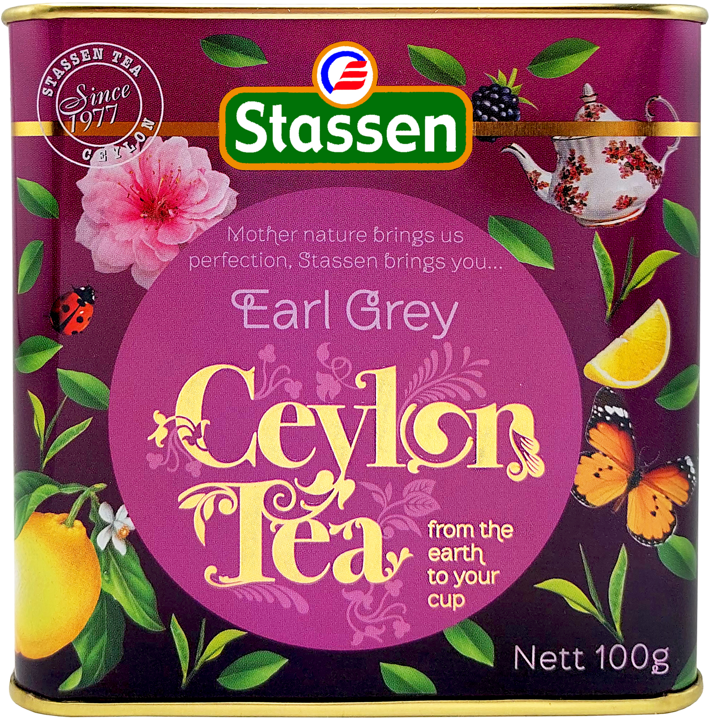Herbata Stassen Earl Grey w fioletowej puszce, klasyczna czarna herbata cejlońska z bergamotką 100 g.
