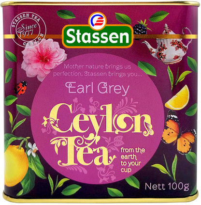 Herbata Stassen Earl Grey w fioletowej puszce, klasyczna czarna herbata cejlońska z bergamotką 100 g.
