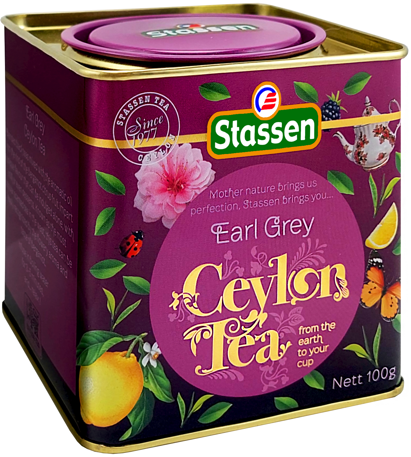 Czarna herbata Stassen Earl Grey w eleganckim opakowaniu z motywem kwiatów i cytrusów.
