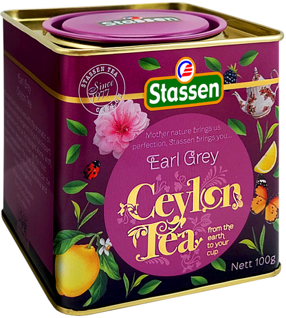 Czarna herbata Stassen Earl Grey w eleganckim opakowaniu z motywem kwiatów i cytrusów.
