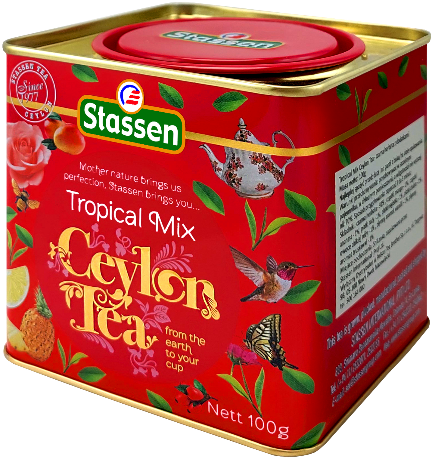 Bok puszki Stassen Tropical Mix z widocznym opisem produktu.