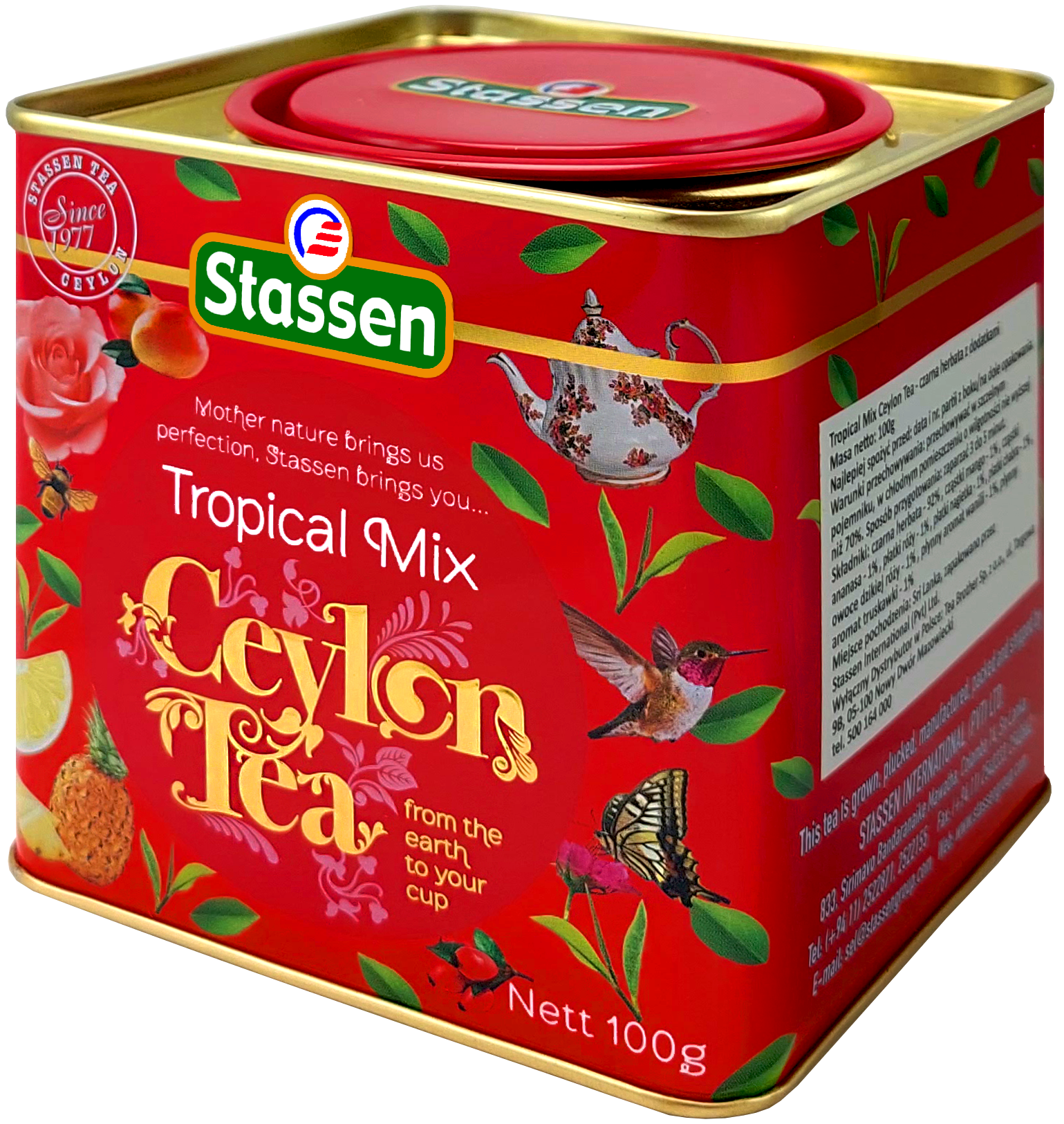 Bok puszki Stassen Tropical Mix z widocznym opisem produktu.