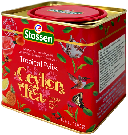 Bok puszki Stassen Tropical Mix z widocznym opisem produktu.