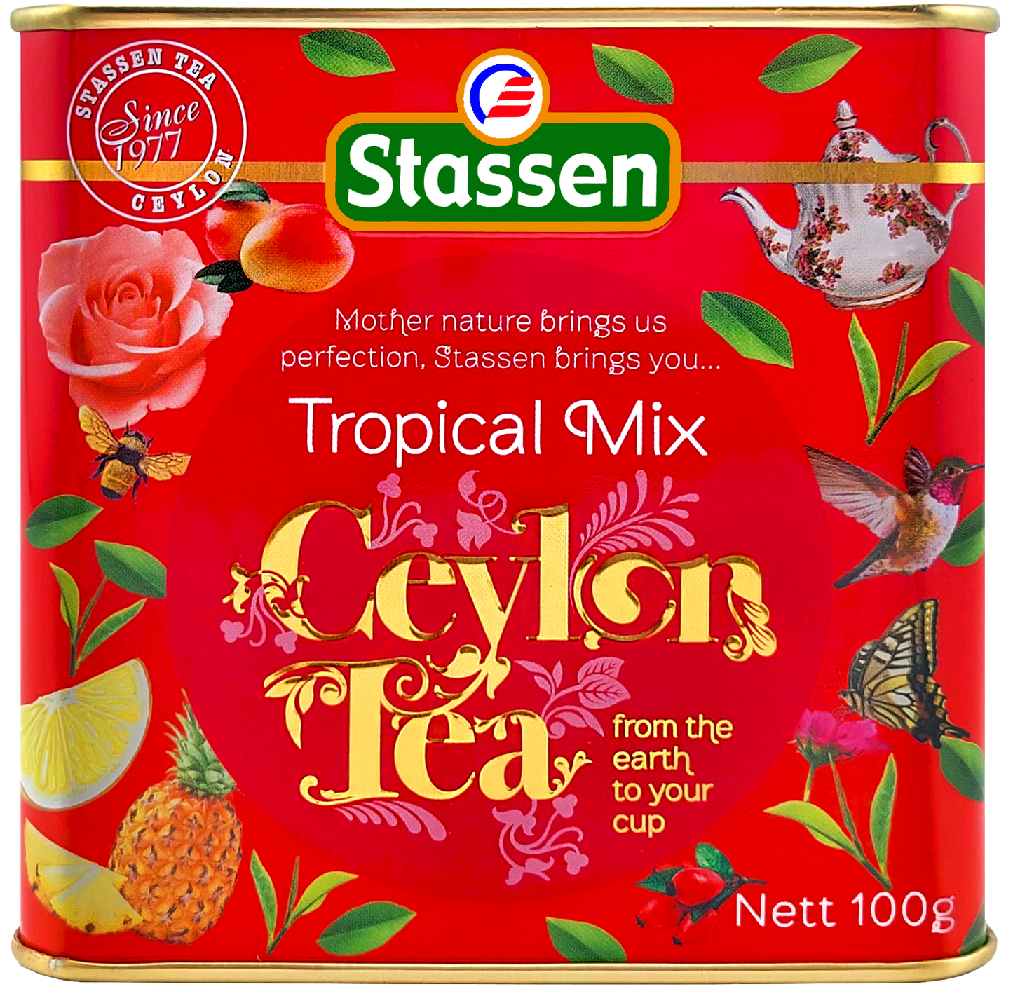 Etykieta herbaty Stassen Tropical Mix z motywami owoców i kwiatów.