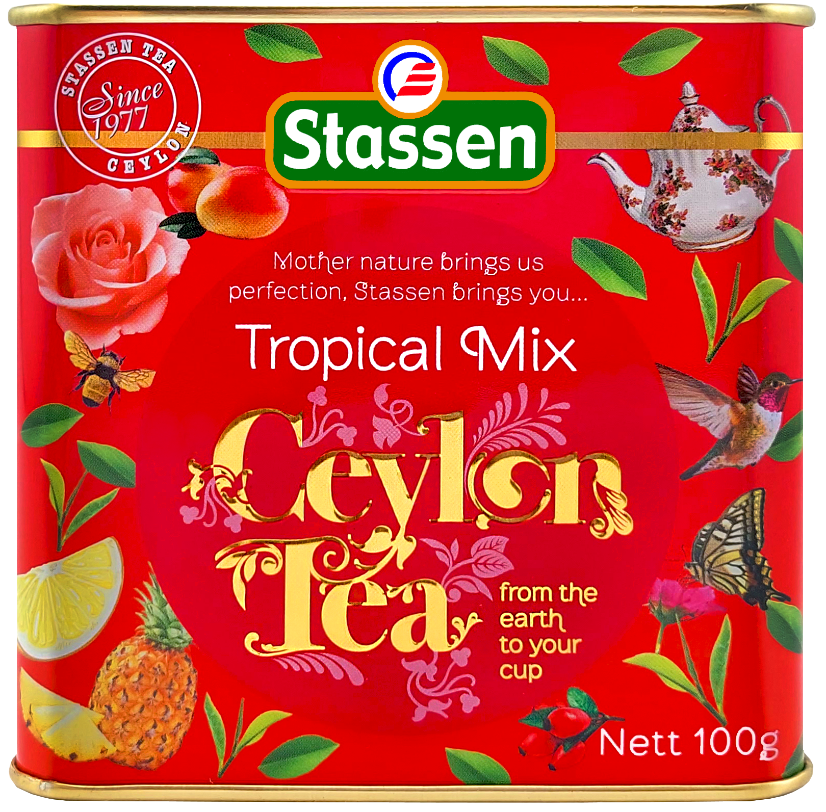 Etykieta herbaty Stassen Tropical Mix z motywami owoców i kwiatów.
