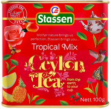 Etykieta herbaty Stassen Tropical Mix z motywami owoców i kwiatów.
