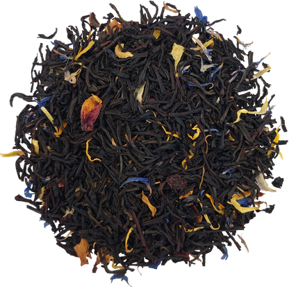 Liściasta herbata czarna Stassen Tropical Mix z płatkami kwiatów i owocowymi dodatkami.