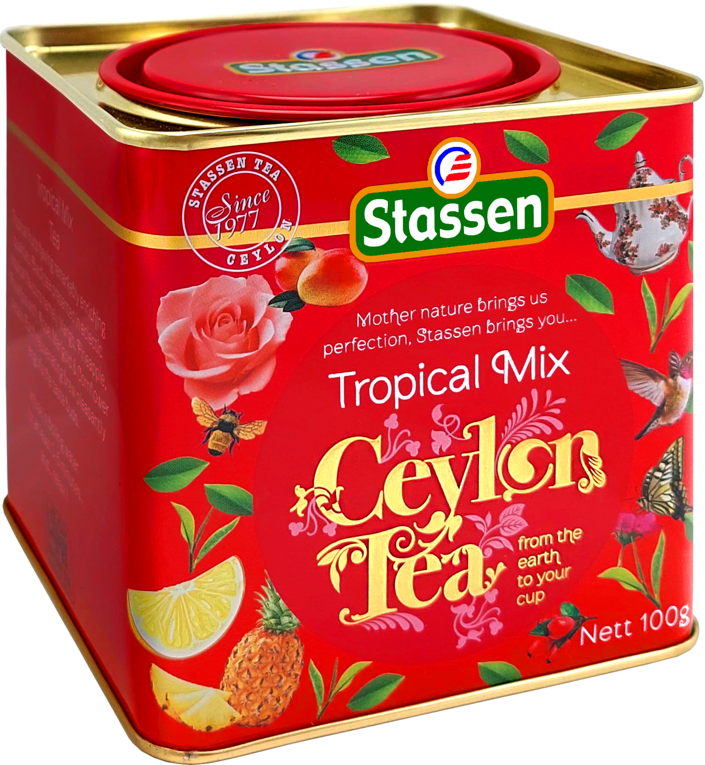 Skośny kadr puszki herbaty Stassen Tropical Mix z dekoracyjnym tłem.