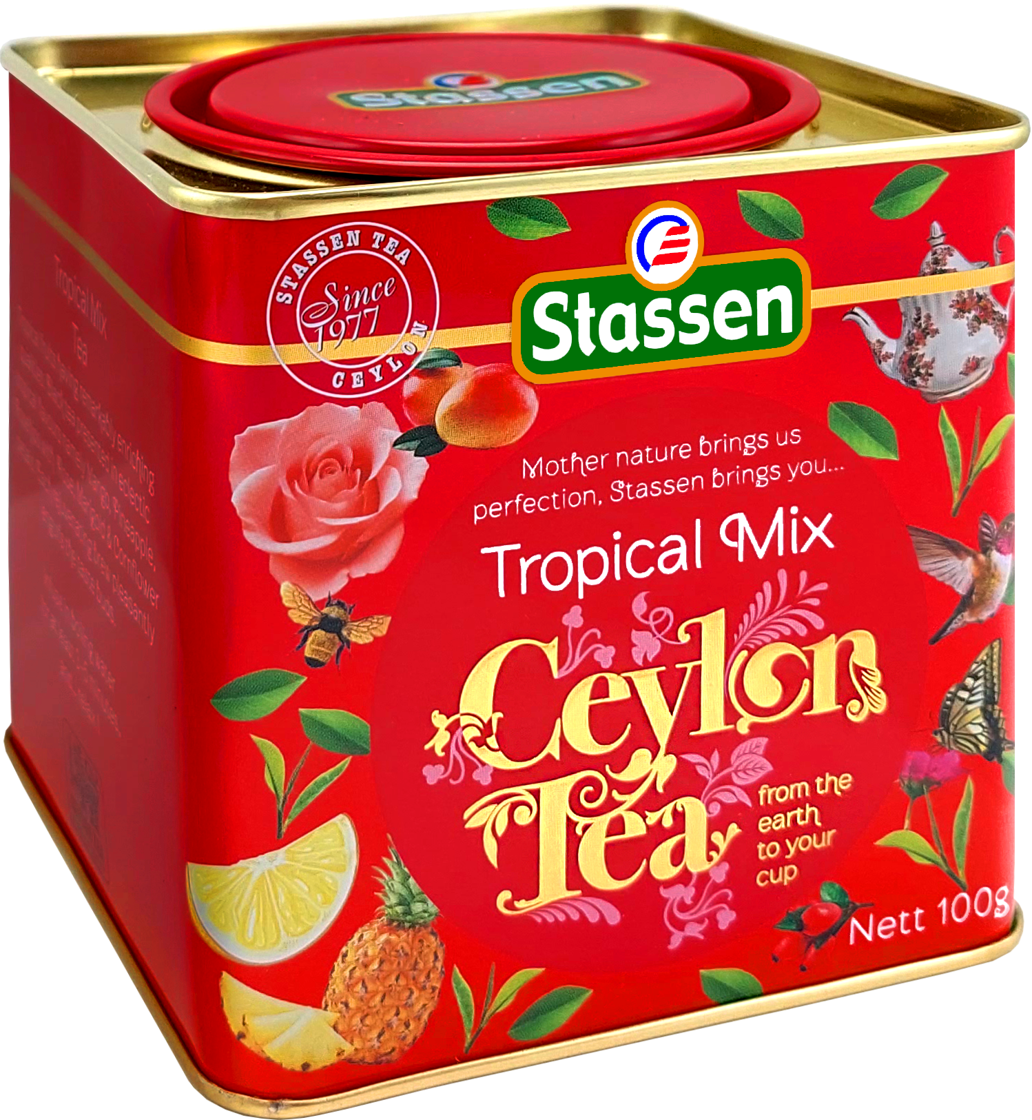Skośny kadr puszki herbaty Stassen Tropical Mix z dekoracyjnym tłem.