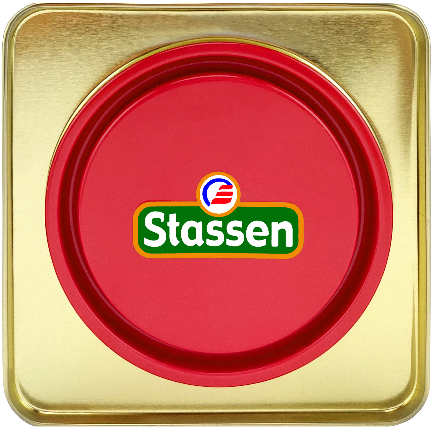 Czerwone wieczko puszki herbaty Stassen Tropical Mix z logo producenta.