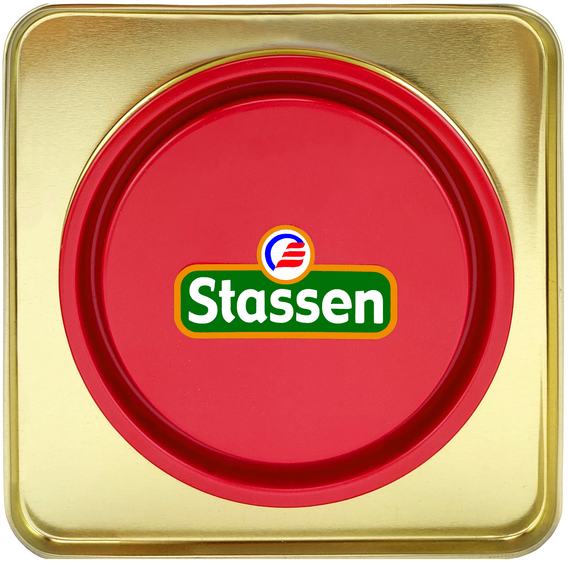 Czerwone wieczko puszki herbaty Stassen Tropical Mix z logo producenta.