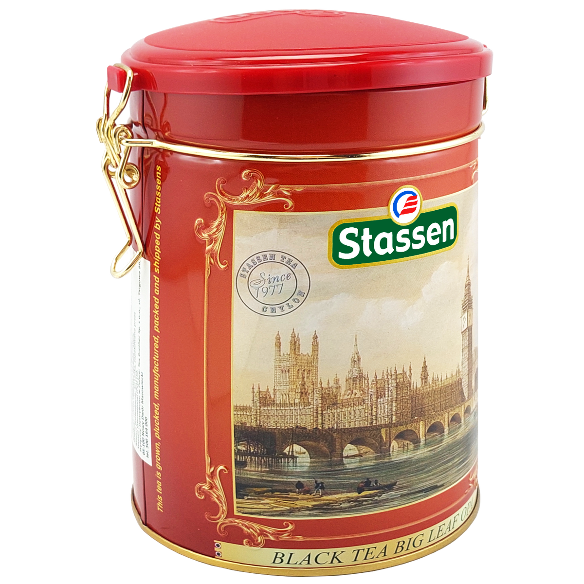 Puszka herbaty Stassen Big Leaf OPA widziana z lewej strony, ozdobiona złotymi detalami.