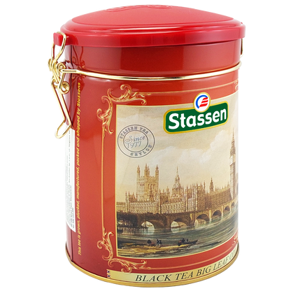Puszka herbaty Stassen Big Leaf OPA widziana z lewej strony, ozdobiona złotymi detalami.