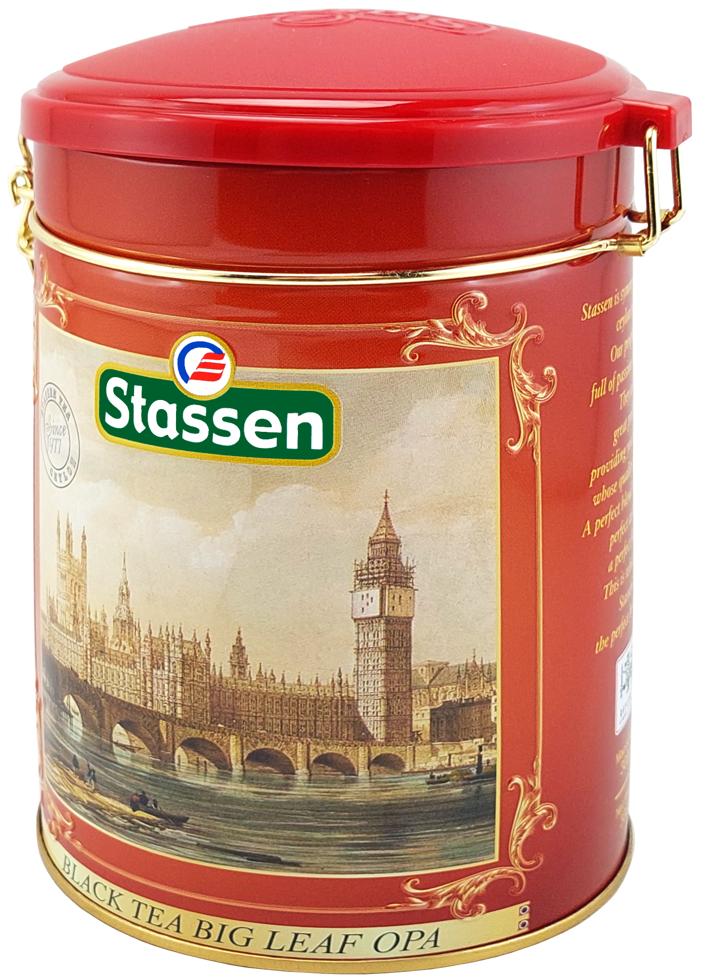 Bok puszki herbaty Stassen Big Leaf OPA z grafiką Big Bena i mostu Westminster.