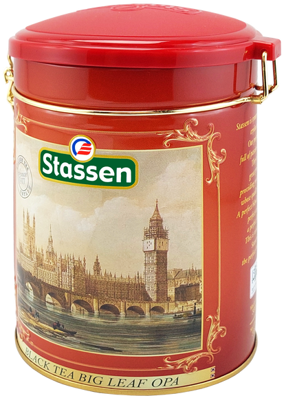 Bok puszki herbaty Stassen Big Leaf OPA z grafiką Big Bena i mostu Westminster.