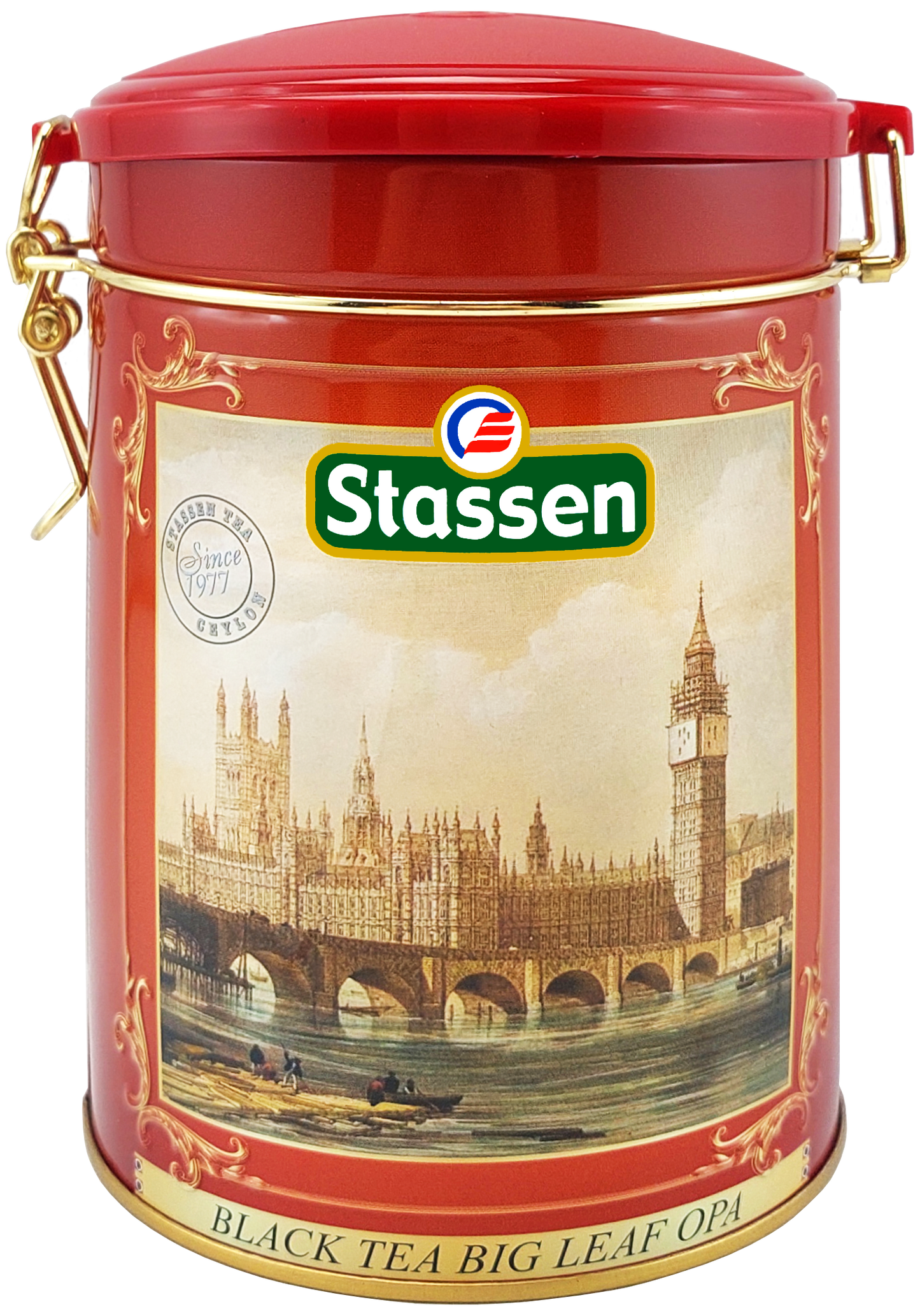 Herbata czarna Stassen Big Leaf OPA w czerwonej puszce z motywem Londynu.