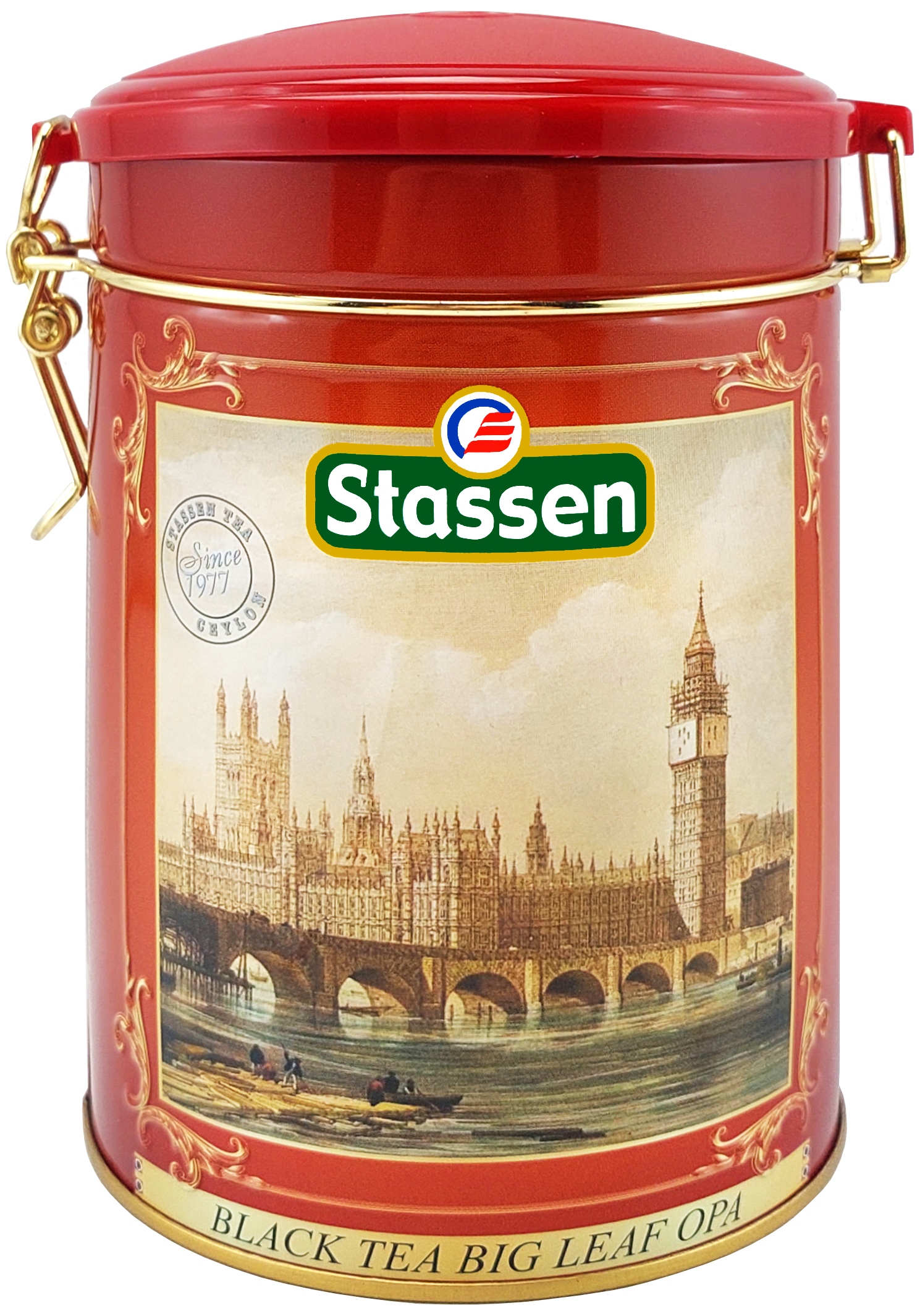 Herbata czarna Stassen Big Leaf OPA w czerwonej puszce z motywem Londynu.