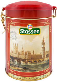 Herbata czarna Stassen Big Leaf OPA w czerwonej puszce z motywem Londynu.