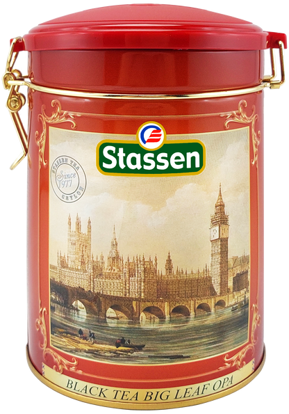 Herbata czarna Stassen Big Leaf OPA w czerwonej puszce z motywem Londynu.