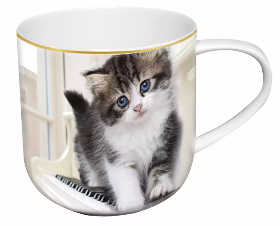 Kubek porcelanowy 500 ml z nadrukiem białego kota o niebieskich oczach.