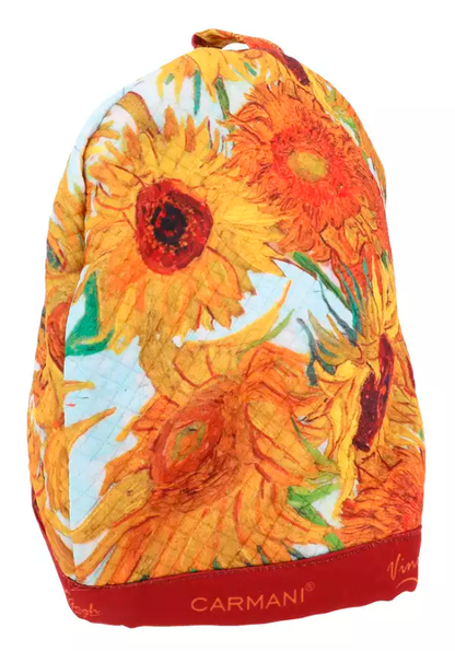 Ocieplacz na dzbanek w kwiatowy wzór słoneczników Van Gogha, widok z boku.