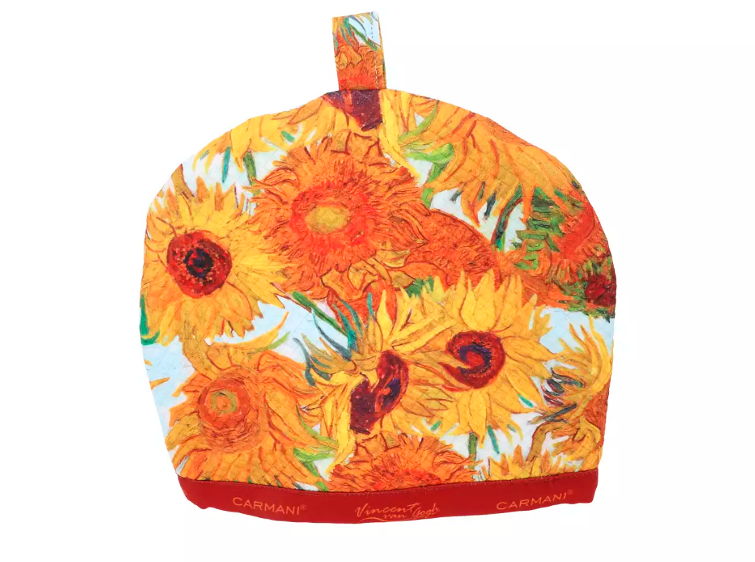 Kolorowy ocieplacz na dzbanek z motywem Sunflowers Vincenta van Gogha, pełny widok.