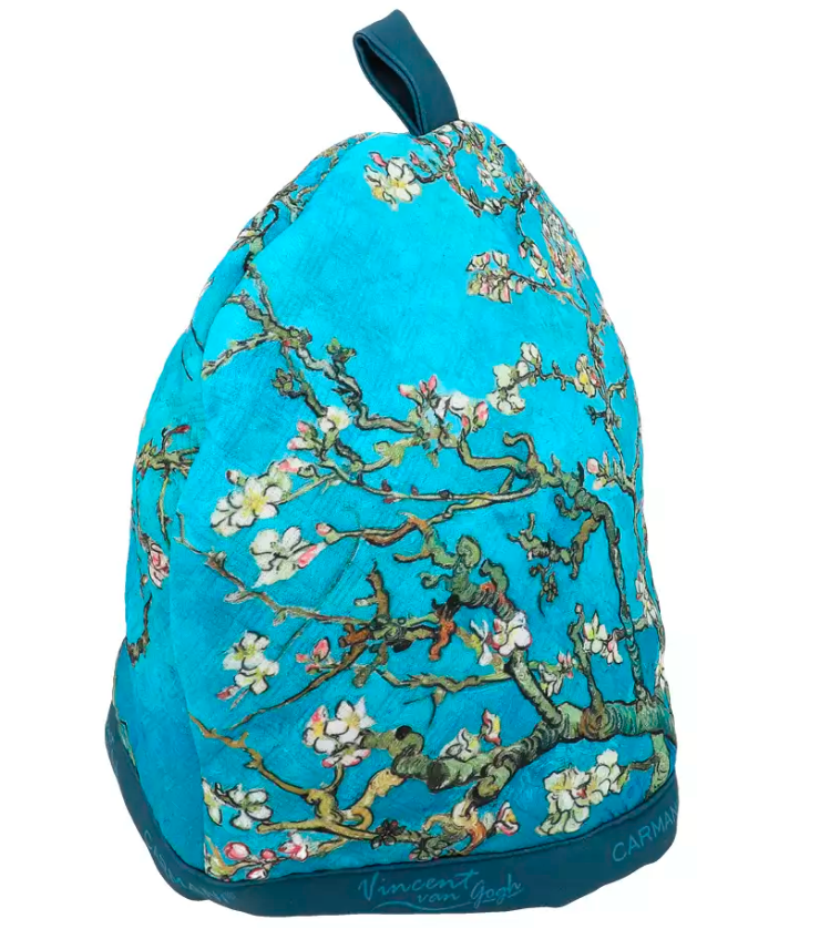 Ocieplacz na dzbanek z motywem kwiatów migdałowca Van Gogh, widok z boku.