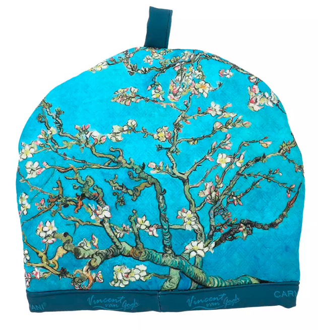 Ocieplacz na dzbanek w błękitnym wzorze Almond Blossom Van Gogha, pełny widok.